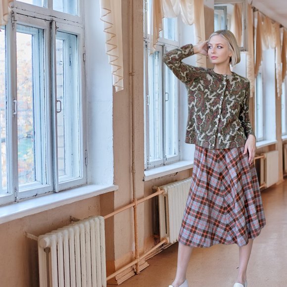 Vintage Brown & Orange Plaid Pleated A Line Skirt - Picture 2 of 6